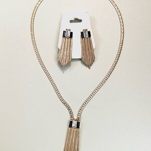 Vintage Gold and Black Rhinestone Tassel Necklace and Earrings Set